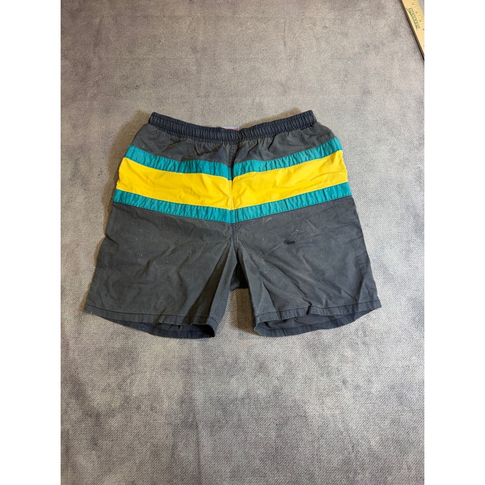 Campus Mens Vintage Swim Trunks Gray Yellow Teal Striped Mesh Lined Size Medium